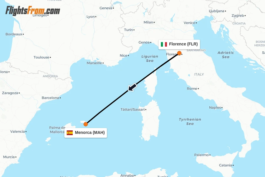 Flights from Florence to Menorca route map
