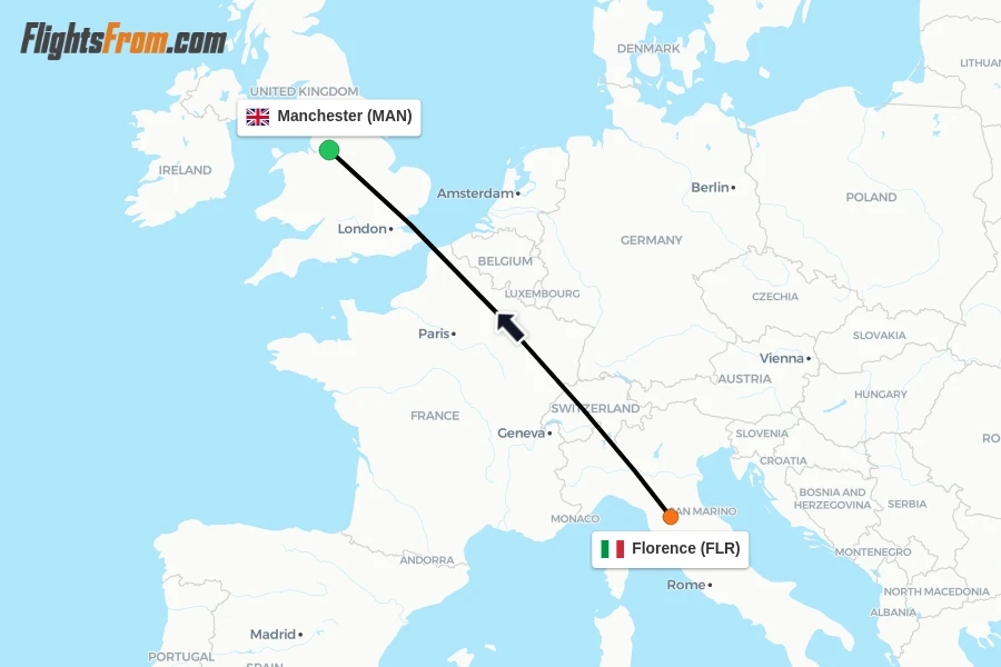 Flights from Florence to Manchester route map
