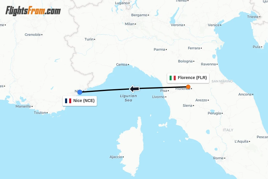 Flights from Florence to Nice route map