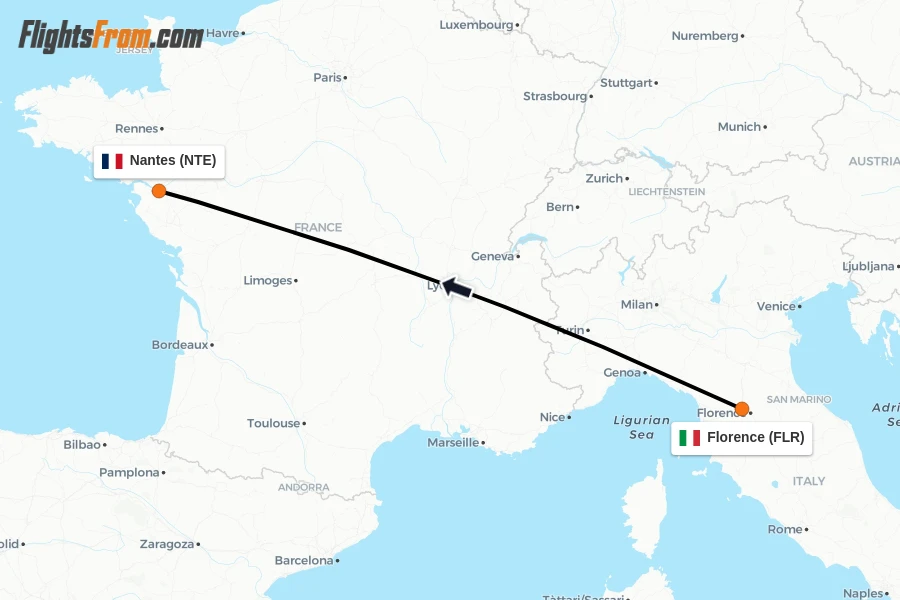 Flights from Florence to Nantes route map