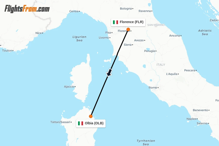 Flights from Florence to Olbia route map