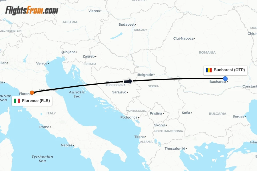 Flights from Florence to Bucharest route map