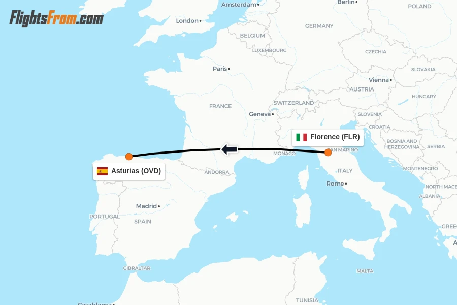 Flights from Florence to Asturias route map