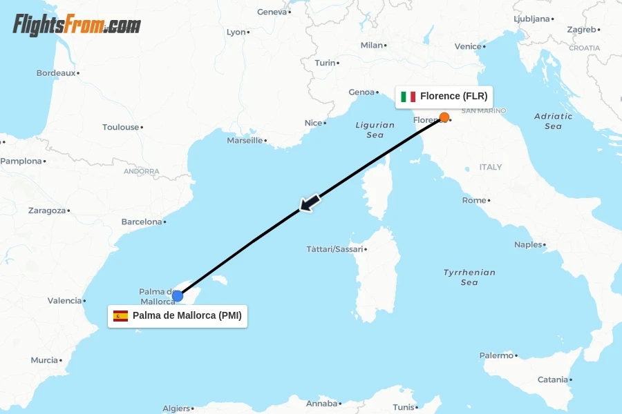 Flights from Florence to Palma de Mallorca route map