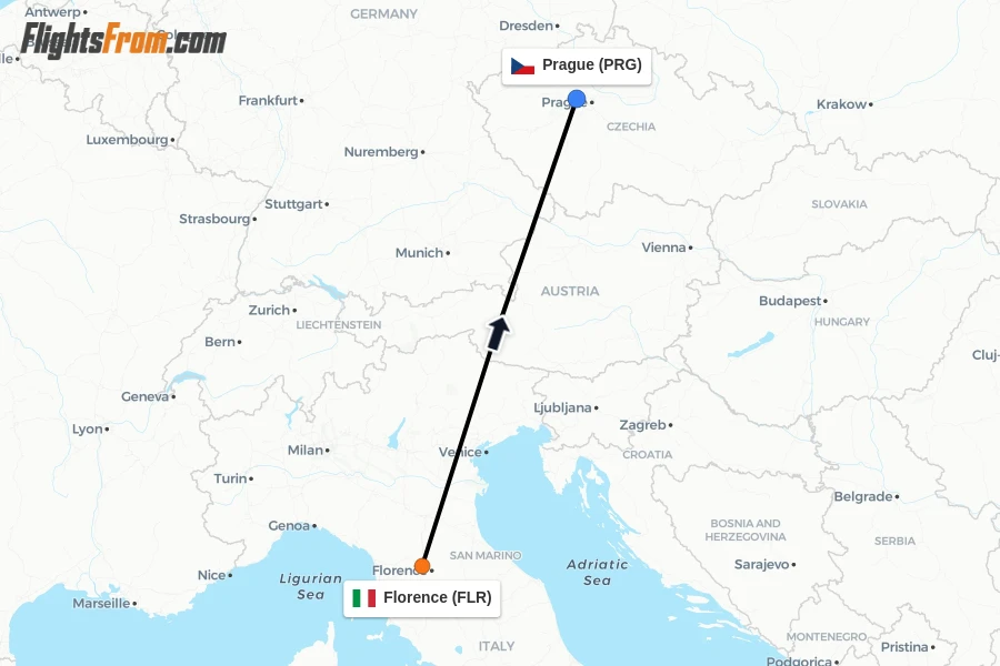 Flights from Florence to Prague route map