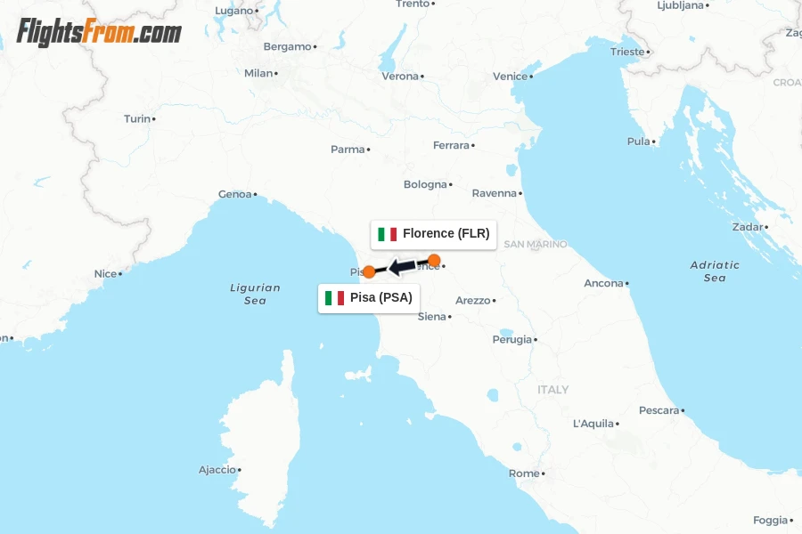 Flights from Florence to Pisa route map