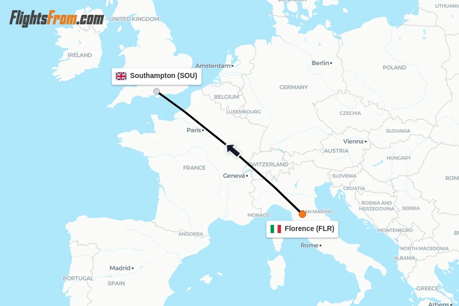 Flights from Florence to Southampton route map