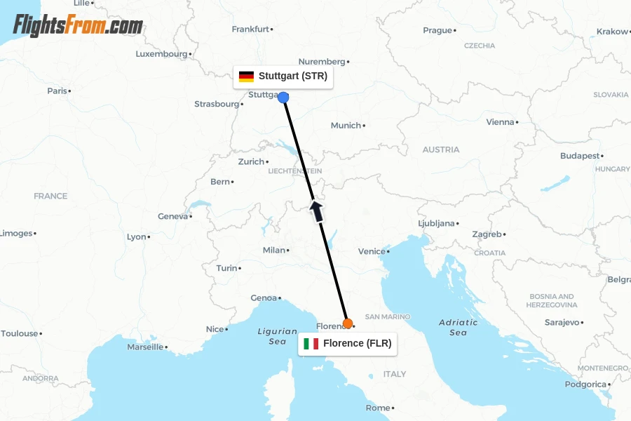 Flights from Florence to Stuttgart route map