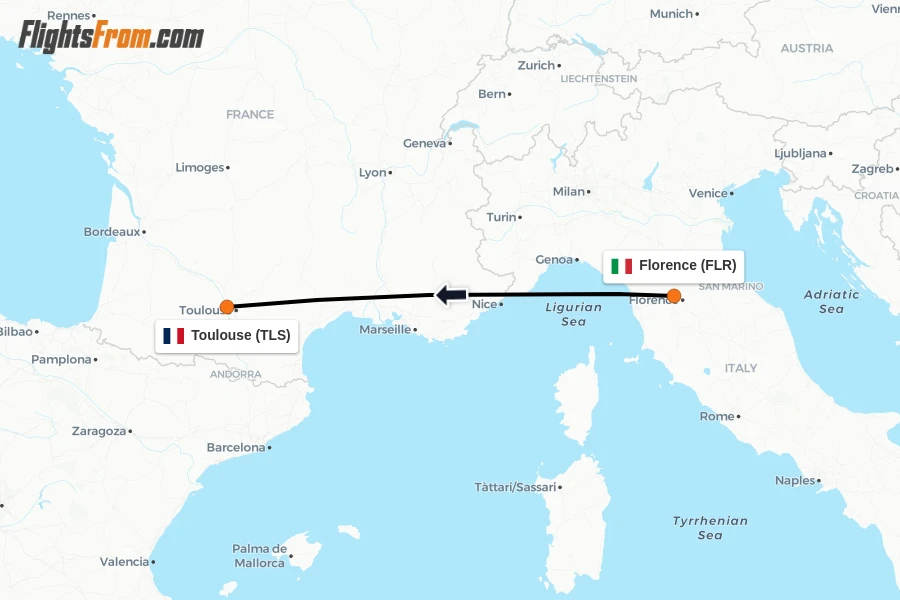 Flights from Florence to Toulouse route map