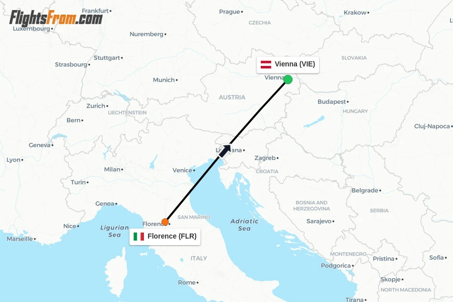 Flights from Florence to Vienna route map