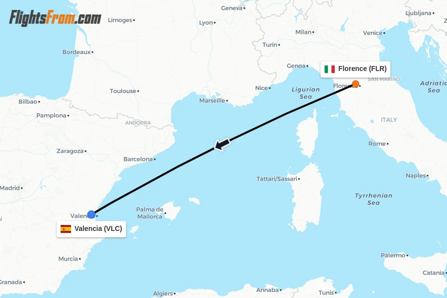 Flights from Florence to Valencia route map