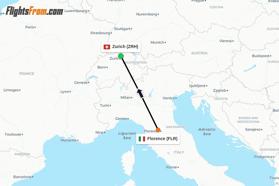 Flights from Florence to Zurich route map