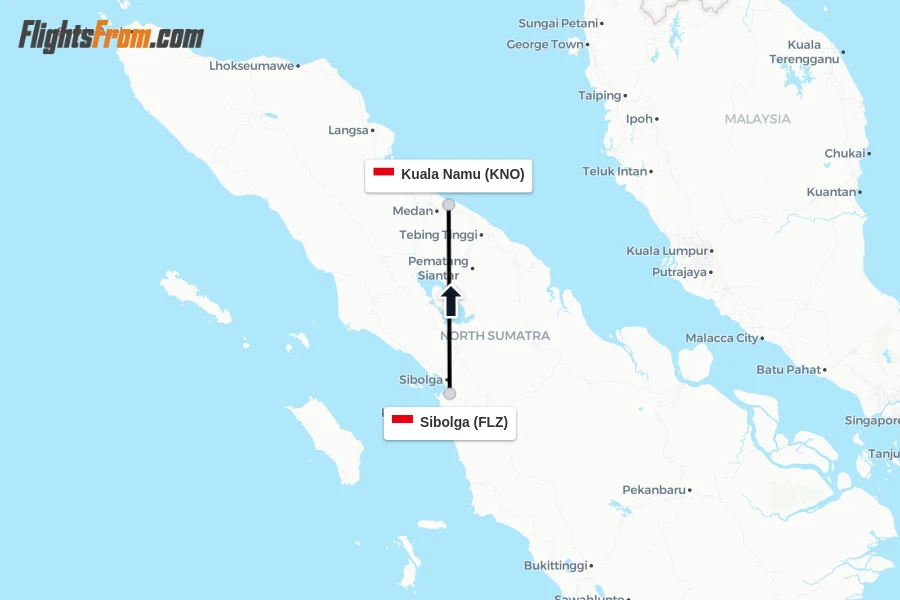 Flights from Sibolga to Kuala Namu route map