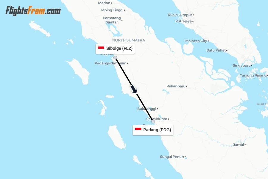 Flights from Sibolga to Padang route map