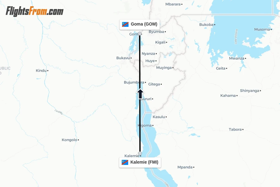 Flights from Kalemie to Goma route map