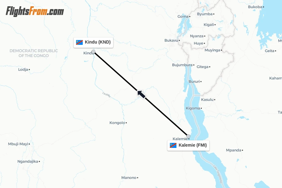 Flights from Kalemie to Kindu route map