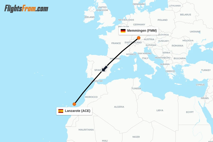 Flights from Memmingen to Lanzarote route map