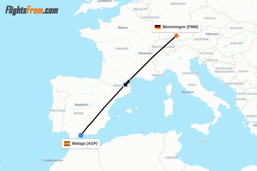 Flights from Memmingen to Malaga route map