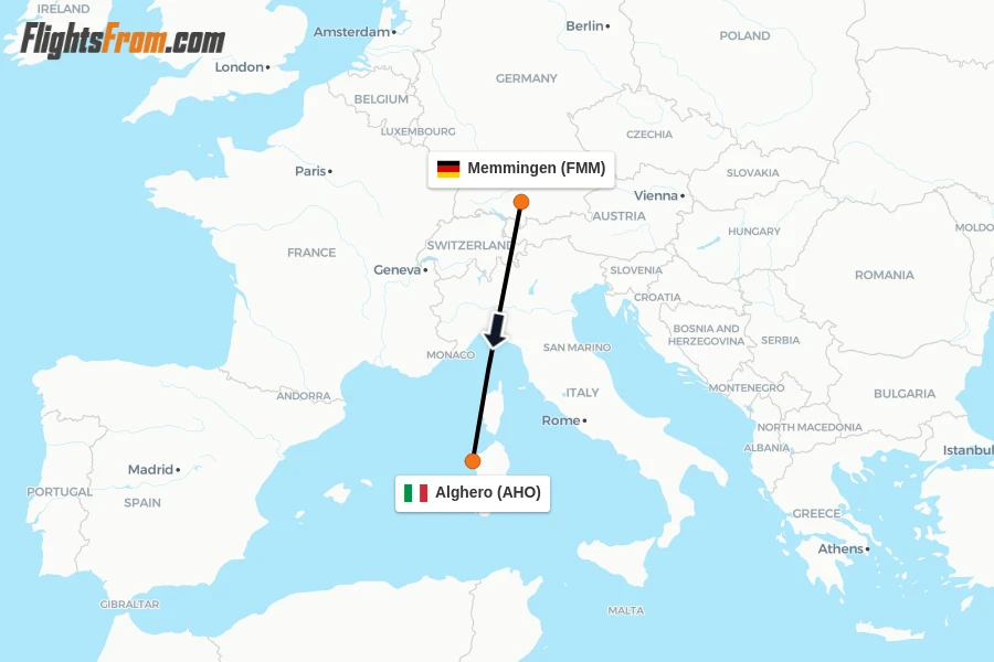 Flights from Memmingen to Alghero route map