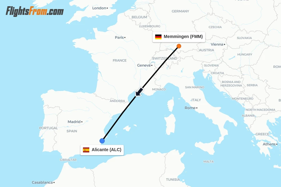 Flights from Memmingen to Alicante route map
