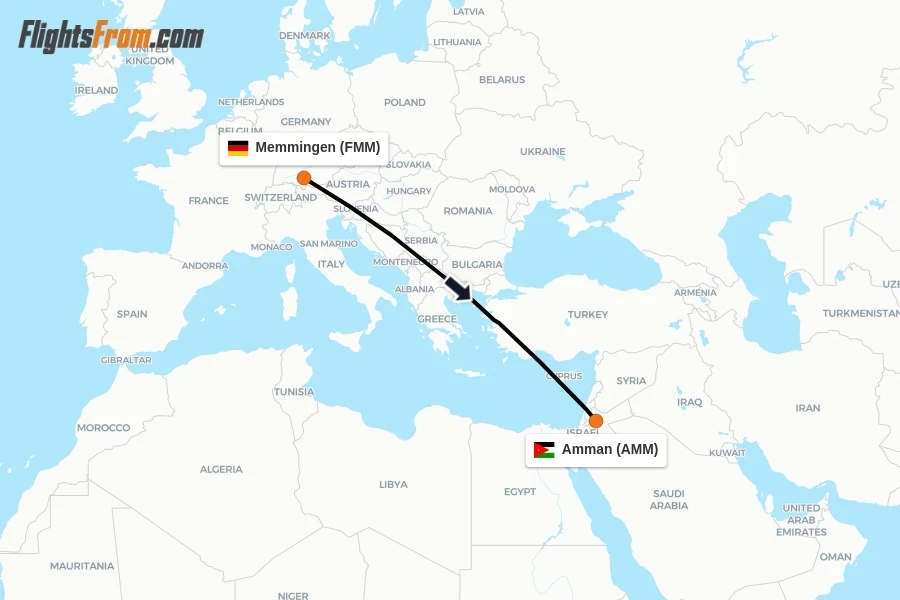 Flights from Memmingen to Amman route map