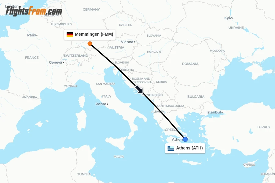 Flights from Memmingen to Athens route map