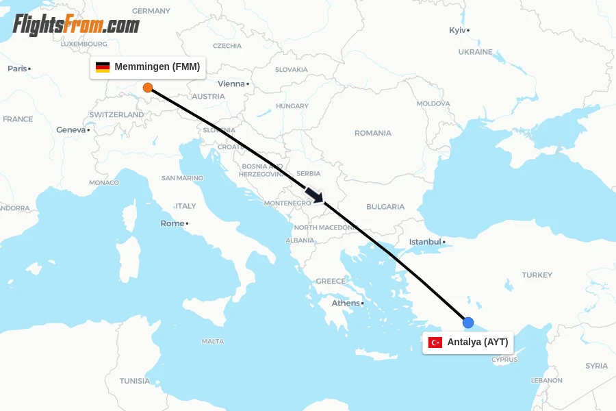 Flights from Memmingen to Antalya route map