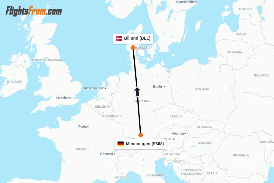 Flights from Memmingen to Billund route map
