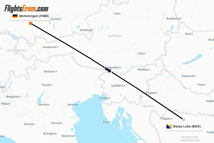 Flights from Memmingen to Banja Luka route map