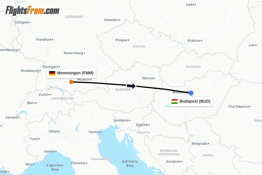 Flights from Memmingen to Budapest route map