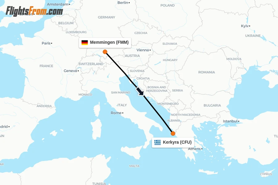 Flights from Memmingen to Kerkyra route map
