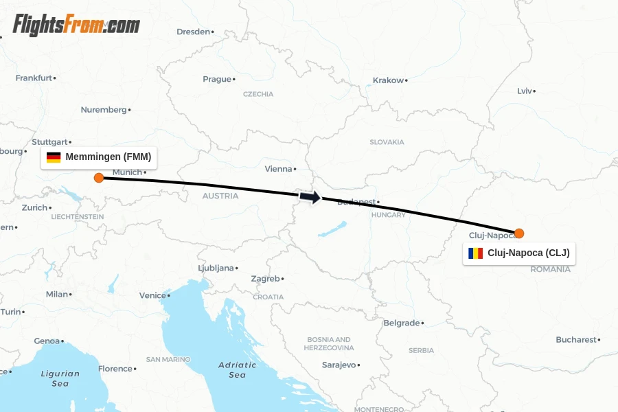 Flights from Memmingen to Cluj-Napoca route map