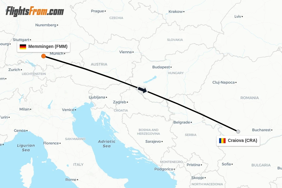 Flights from Memmingen to Craiova route map