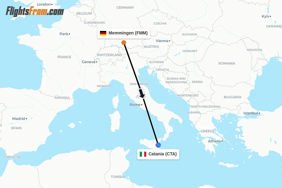Flights from Memmingen to Catania route map