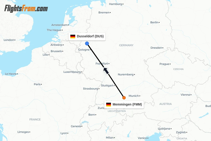 Flights from Memmingen to Dusseldorf route map