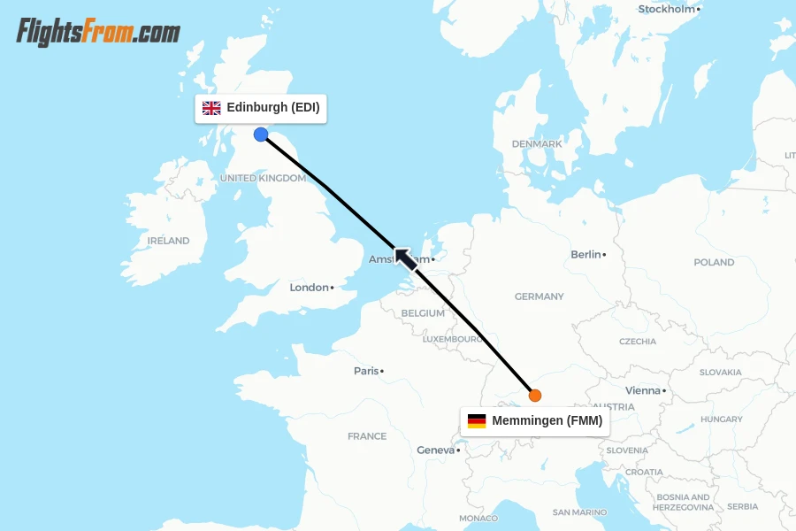 Flights from Memmingen to Edinburgh route map