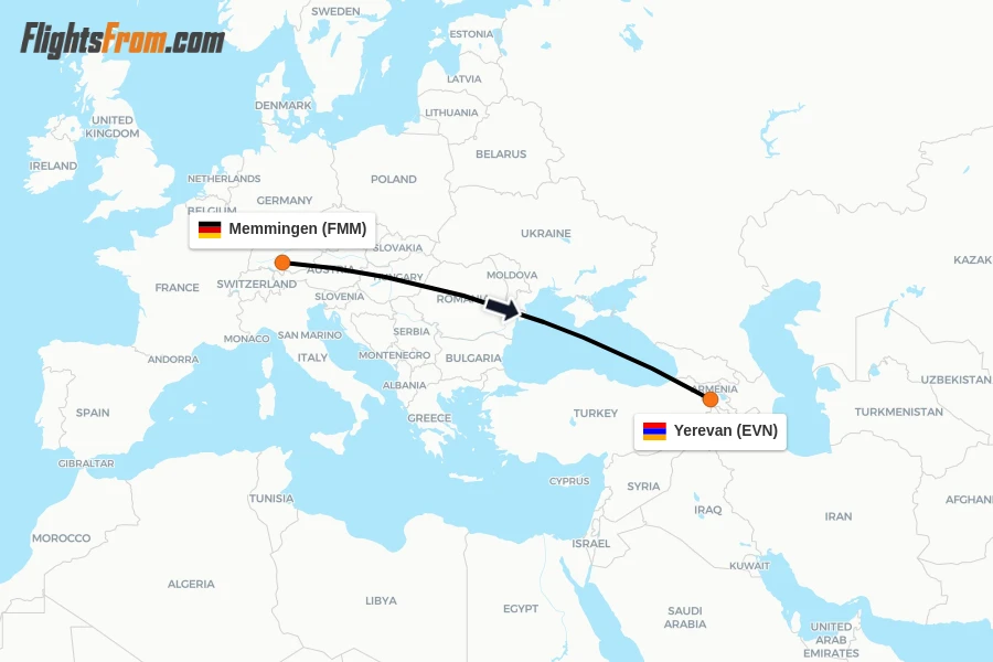 Flights from Memmingen to Yerevan route map