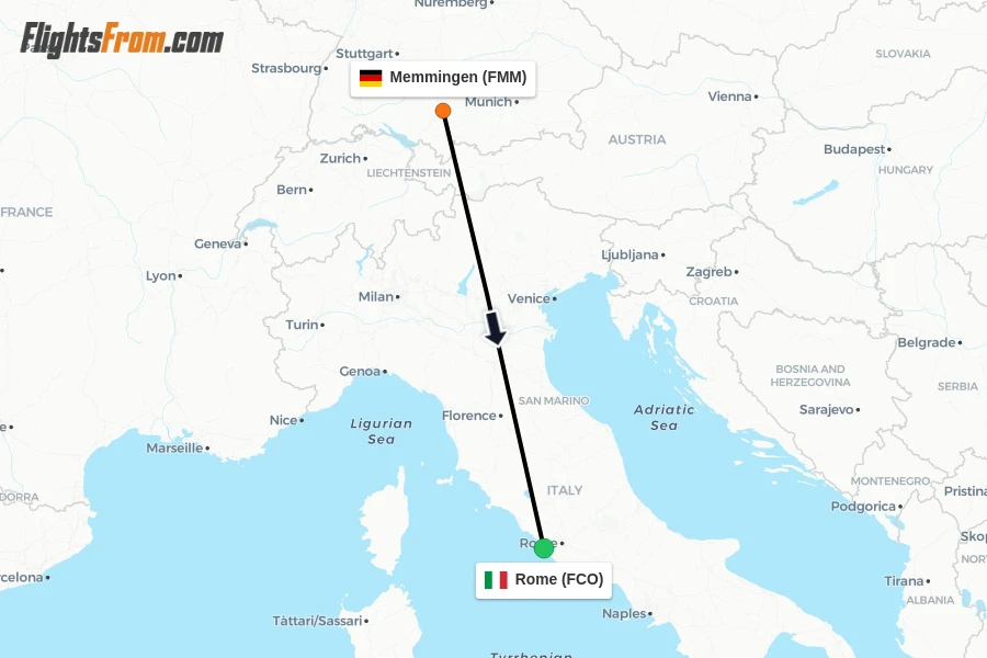 Flights from Memmingen to Rome route map