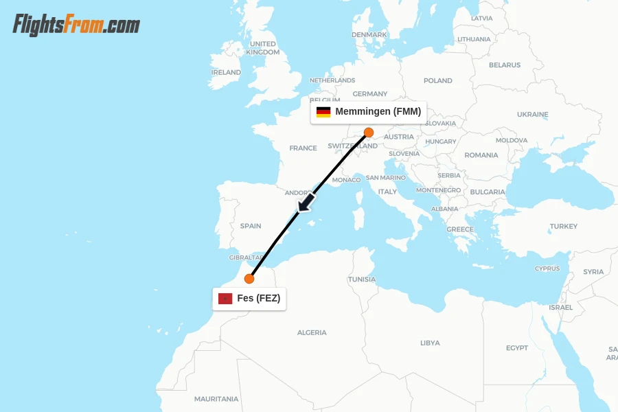Flights from Memmingen to Fes route map