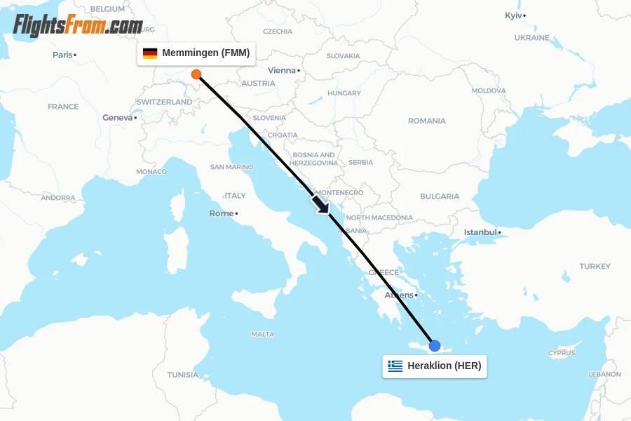 Flights from Memmingen to Heraklion route map