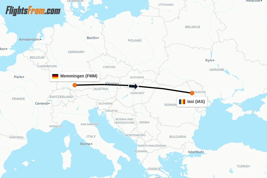 Flights from Memmingen to Iasi route map