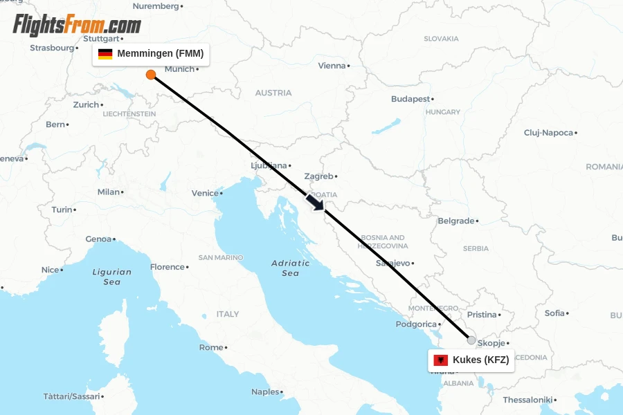 Flights from Memmingen to Kukes route map