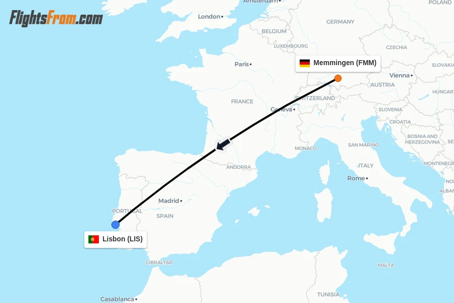 Flights from Memmingen to Lisbon route map
