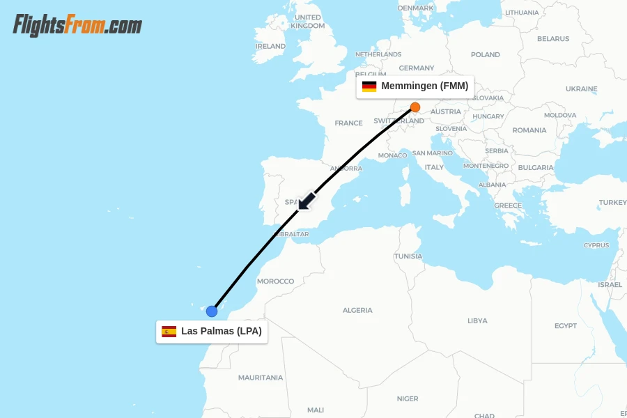 Flights from Memmingen to Las Palmas route map