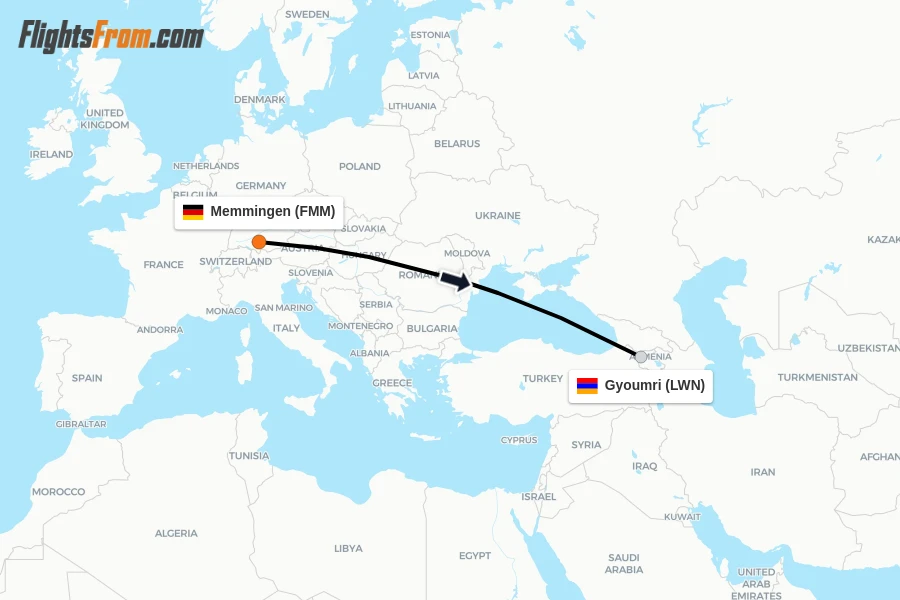 Flights from Memmingen to Gyoumri route map