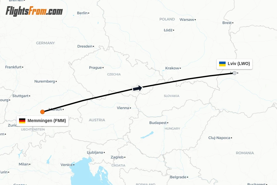 Flights from Memmingen to Lviv route map