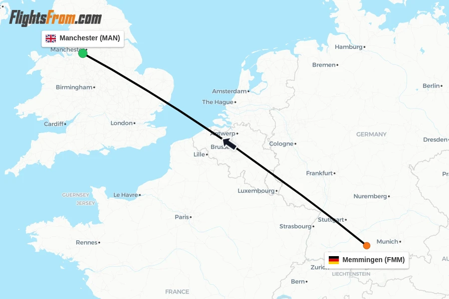 Flights from Memmingen to Manchester route map