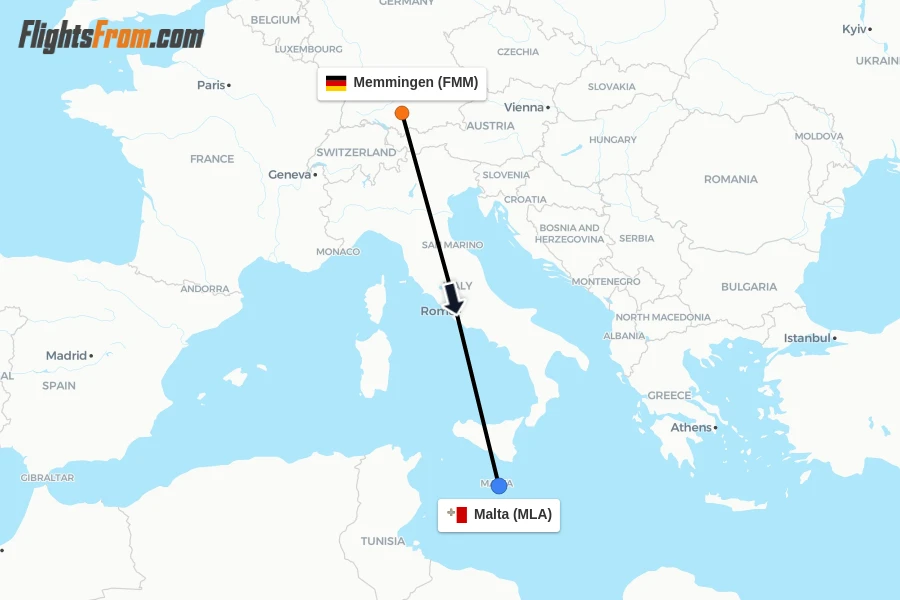 Flights from Memmingen to Malta route map