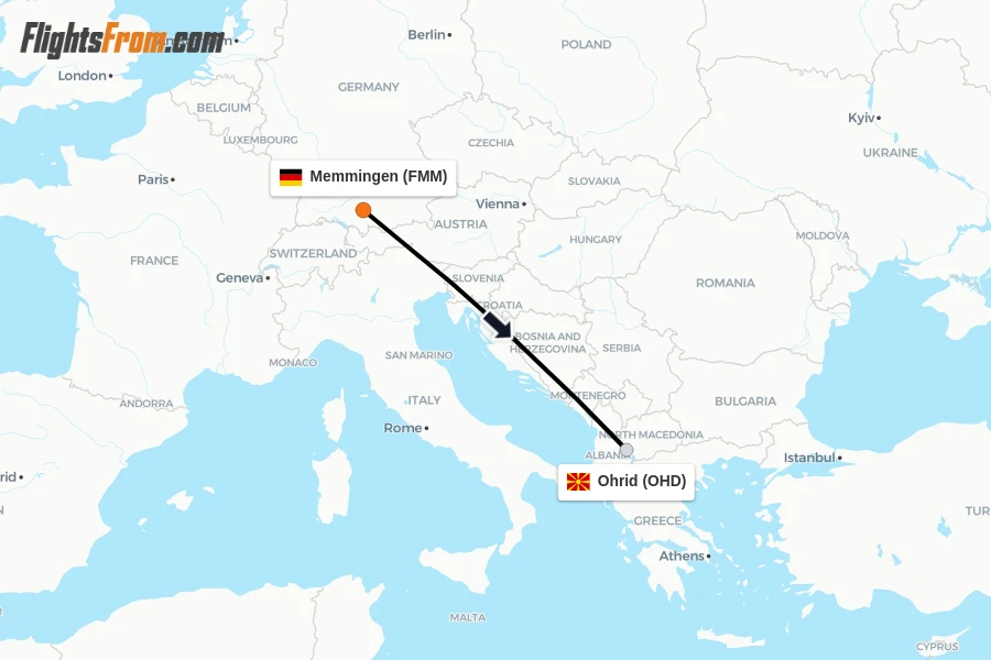 Flights from Memmingen to Ohrid route map