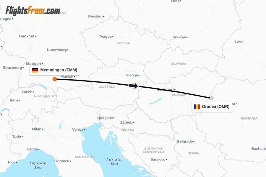 Flights from Memmingen to Oradea route map